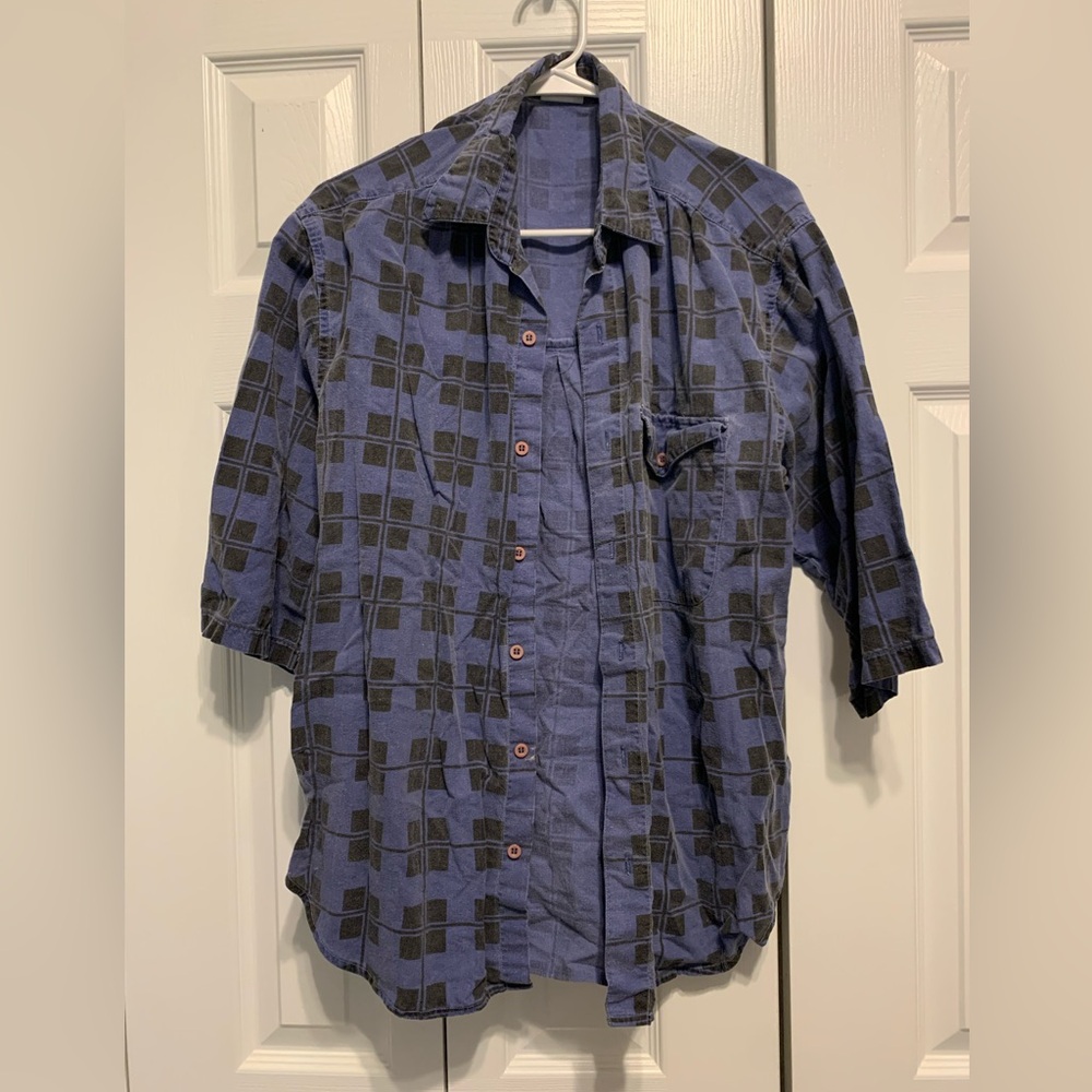 Vintage Men’s Blue Black Button Down Short Sleeve M